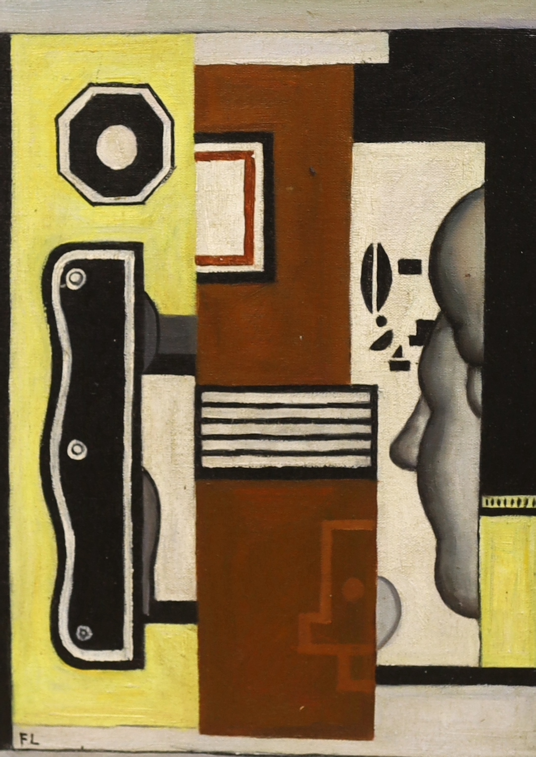 After Fernand Leger (1881-1955) oil on board, Surreal composition, geometric shapes and figure, 39 x 29cm